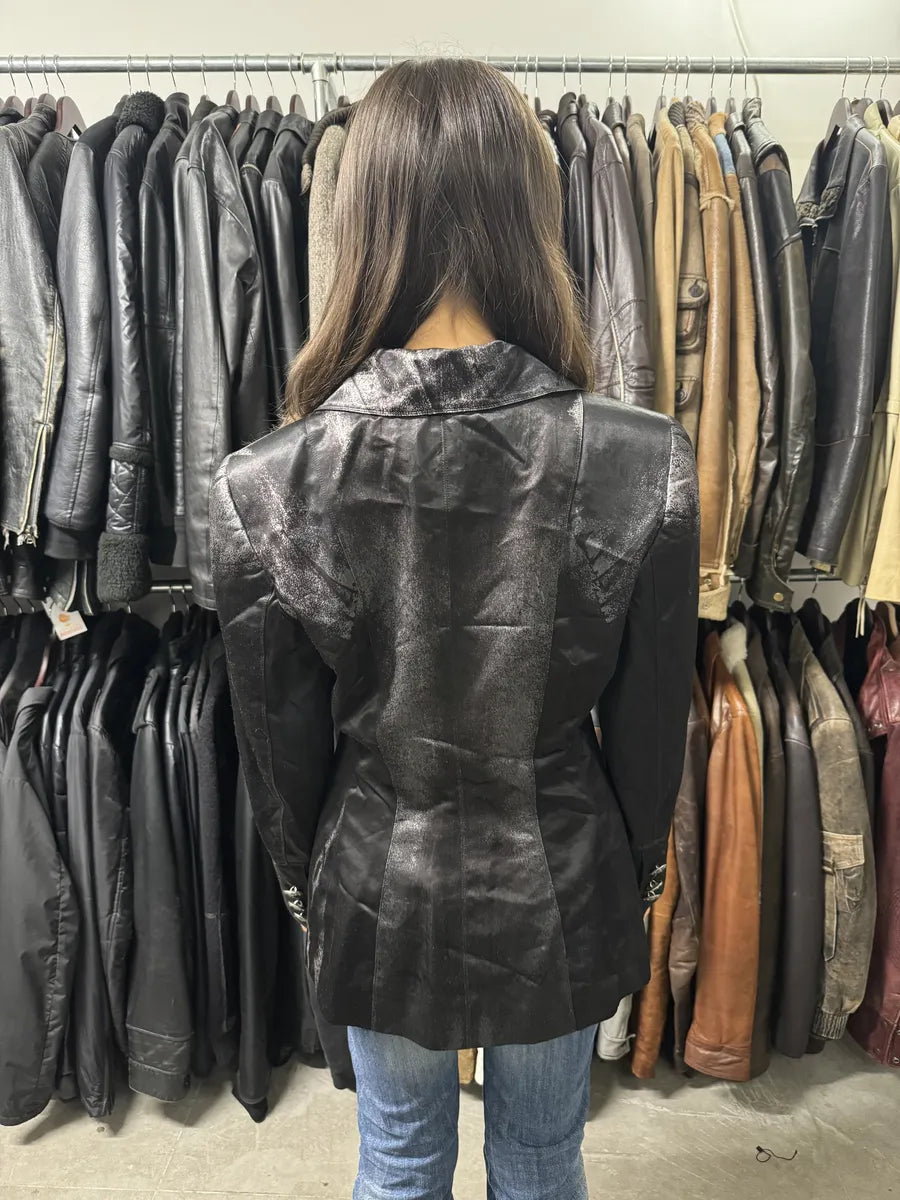 2000s Roberto Cavalli Silver Paint Black Blazer (M) SsZbrGg 3