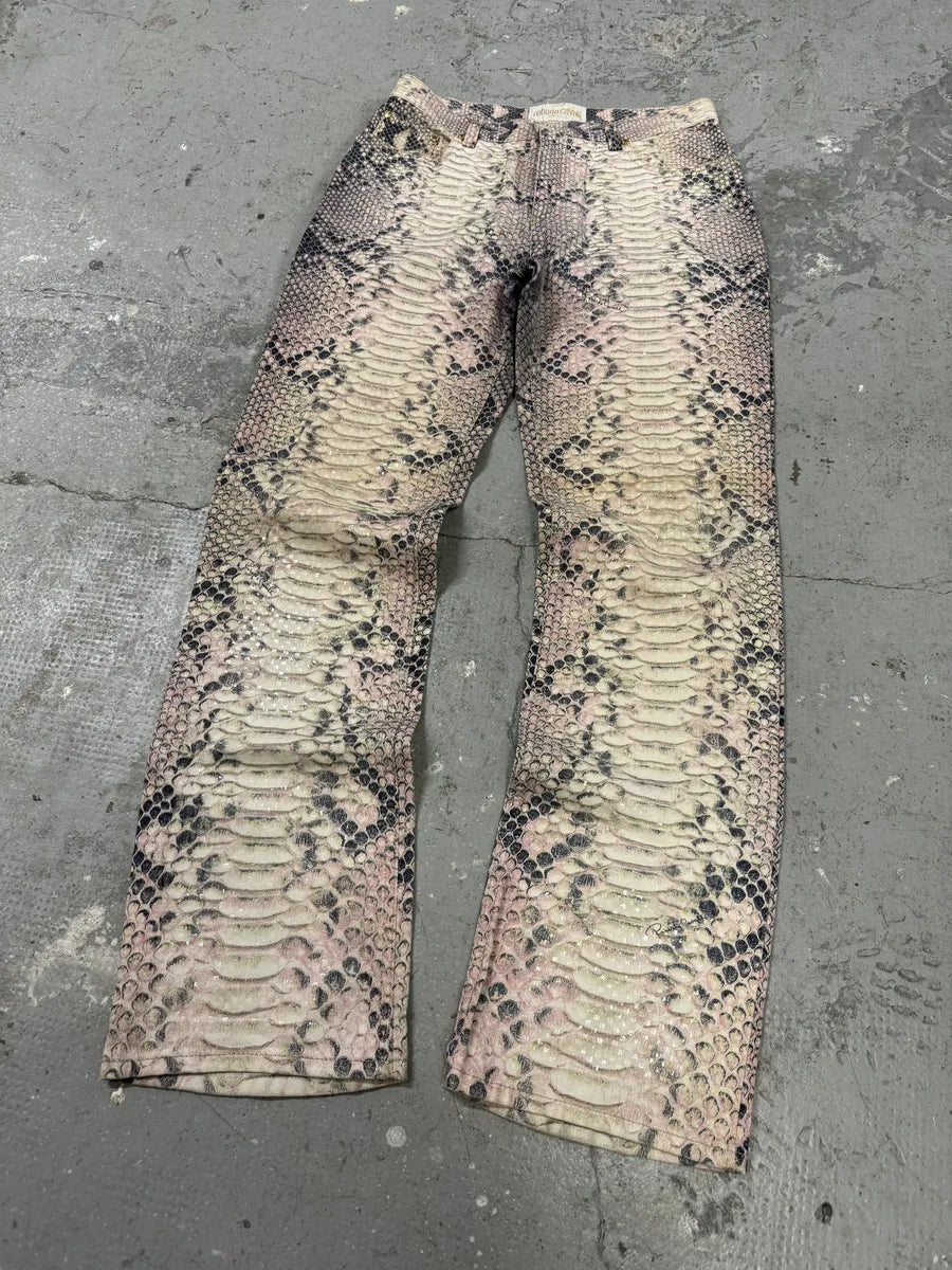 2000s Roberto Cavalli Snakeskin Effect Pink Shadow Pants (S) FEpgqSF 8