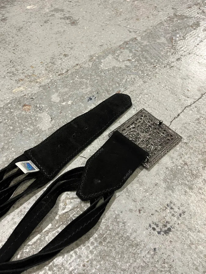 2000s Roberto Cavalli Square Paved Relic Buckle Frange Suede Leather Belt CCkcMNS 3