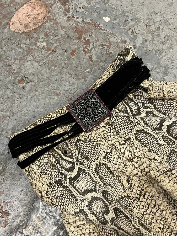 2000s Roberto Cavalli Square Paved Relic Buckle Frange Suede Leather Belt CCkcMNS 0