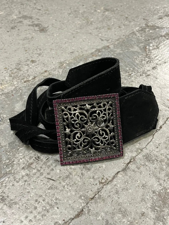 2000s Roberto Cavalli Square Paved Relic Buckle Frange Suede Leather Belt CCkcMNS 6