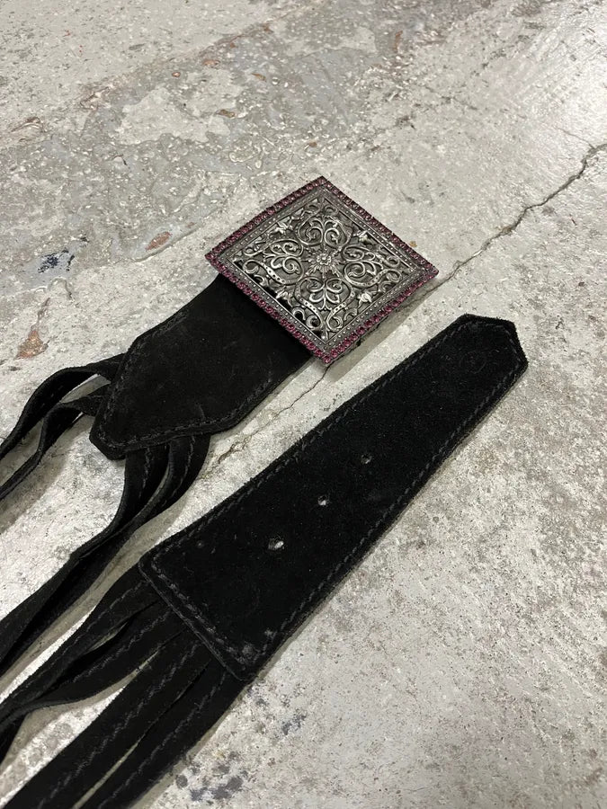 2000s Roberto Cavalli Square Paved Relic Buckle Frange Suede Leather Belt CCkcMNS 5
