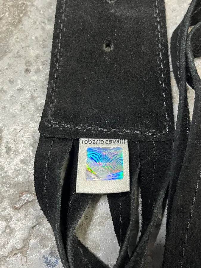 2000s Roberto Cavalli Square Paved Relic Buckle Frange Suede Leather Belt CCkcMNS 4