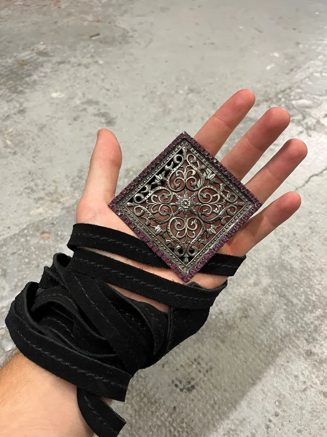 2000s Roberto Cavalli Square Paved Relic Buckle Frange Suede Leather Belt CCkcMNS 2