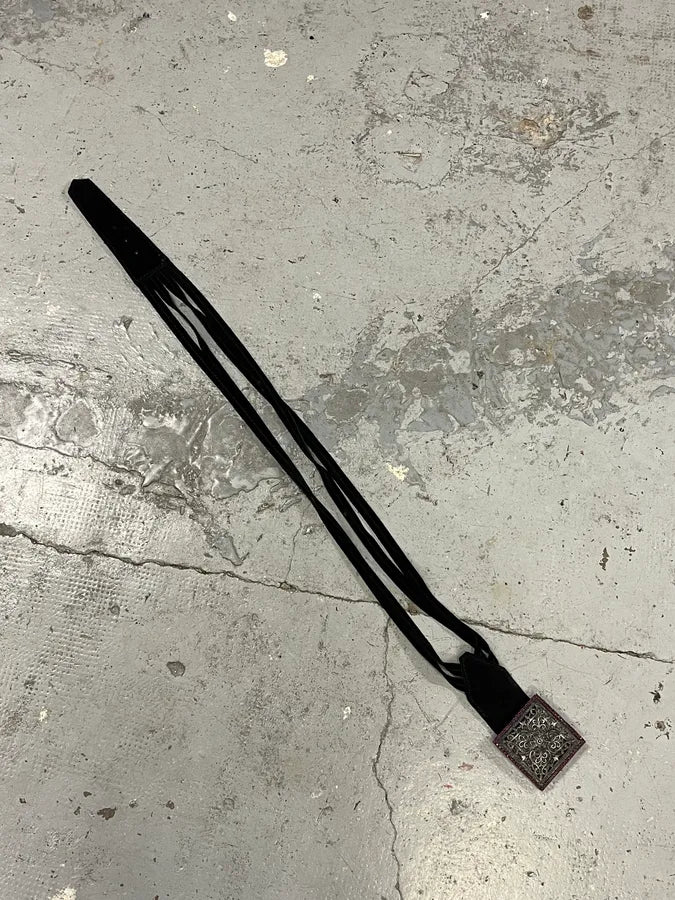 2000s Roberto Cavalli Square Paved Relic Buckle Frange Suede Leather Belt CCkcMNS 7