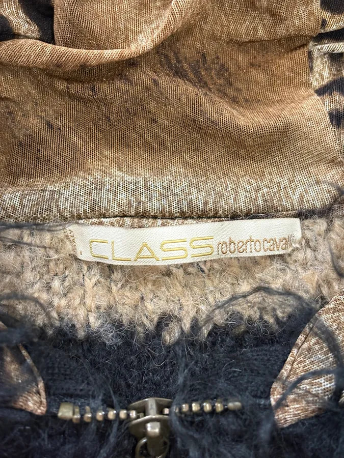 2000s Roberto Cavalli Beige & Black Striped Knit Distressed Zip-up Sweater UAeuMUL 10