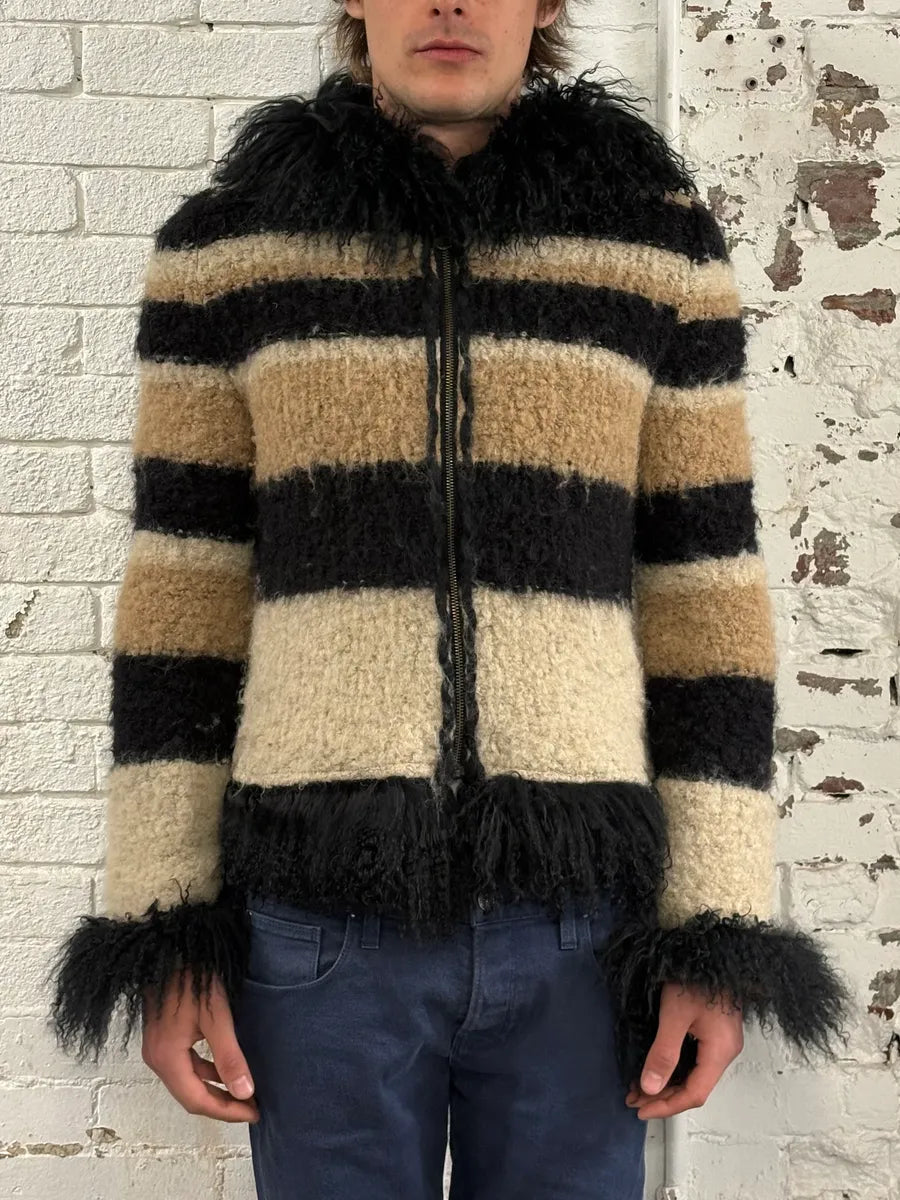 2000s Roberto Cavalli Beige & Black Striped Knit Distressed Zip-up Sweater UAeuMUL 1