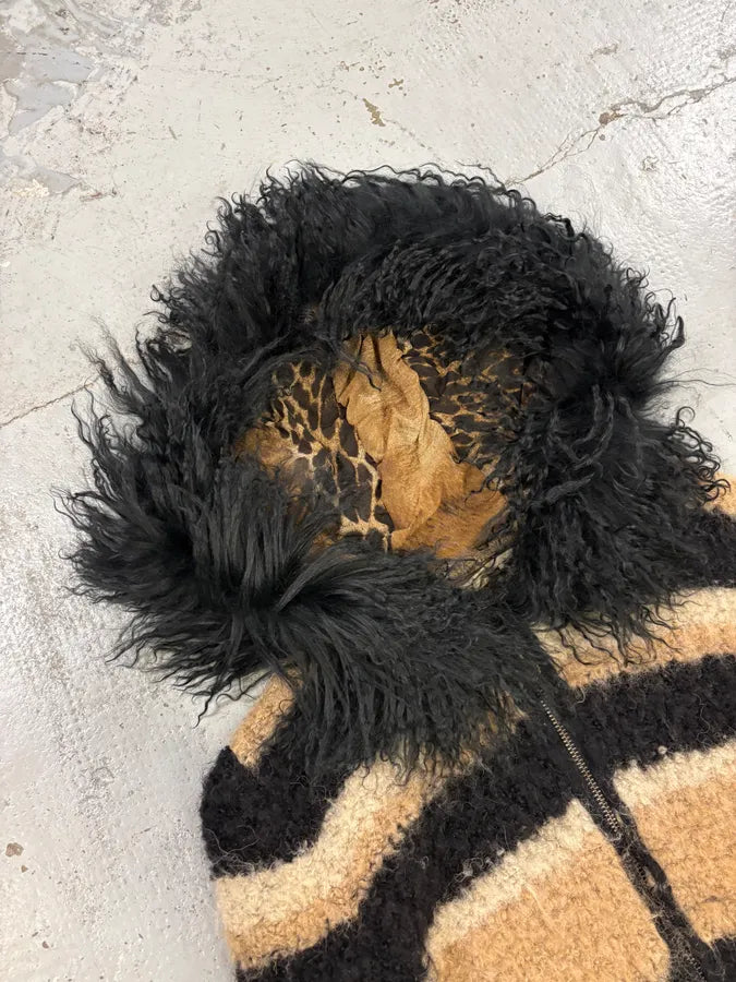 2000s Roberto Cavalli Beige & Black Striped Knit Distressed Zip-up Sweater UAeuMUL 4