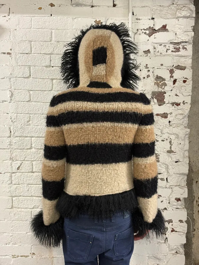 2000s Roberto Cavalli Beige & Black Striped Knit Distressed Zip-up Sweater UAeuMUL 2