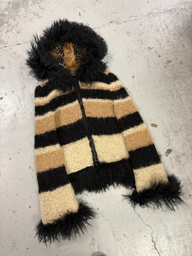 2000s Roberto Cavalli Beige & Black Striped Knit Distressed Zip-up Sweater UAeuMUL 3