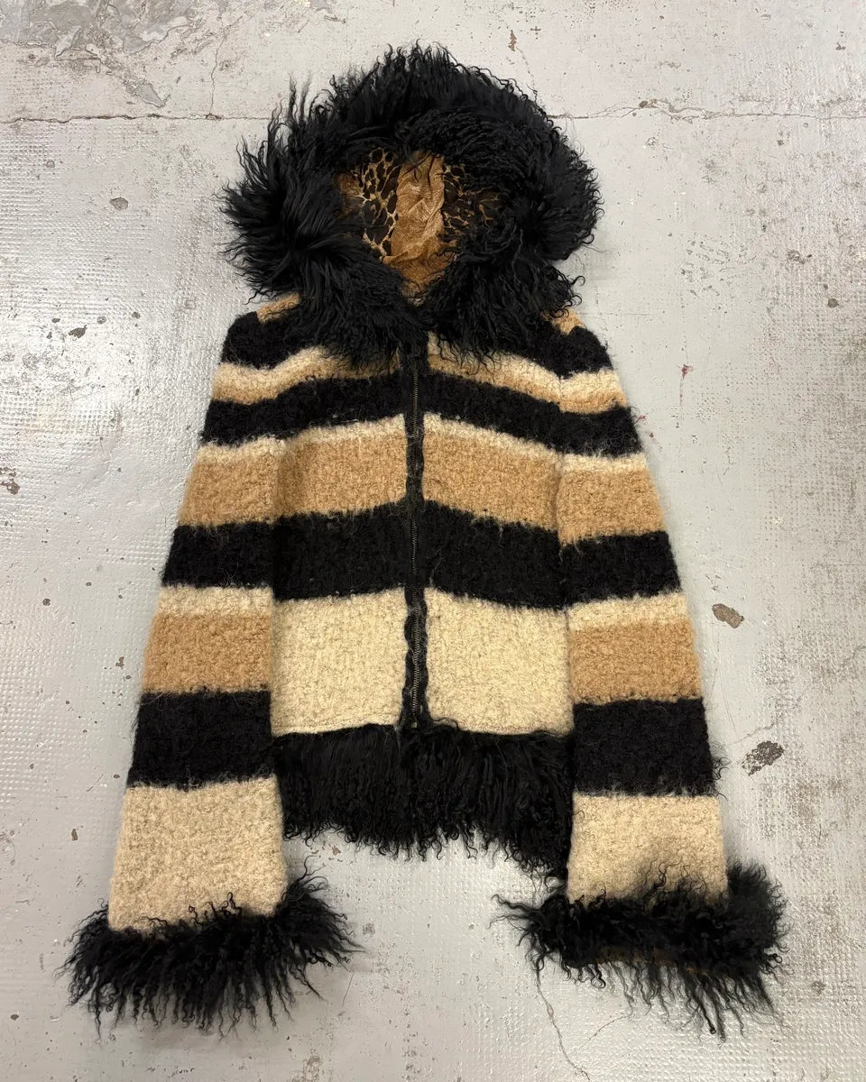 2000s Roberto Cavalli Beige & Black Striped Knit Distressed Zip-up Sweater UAeuMUL 0