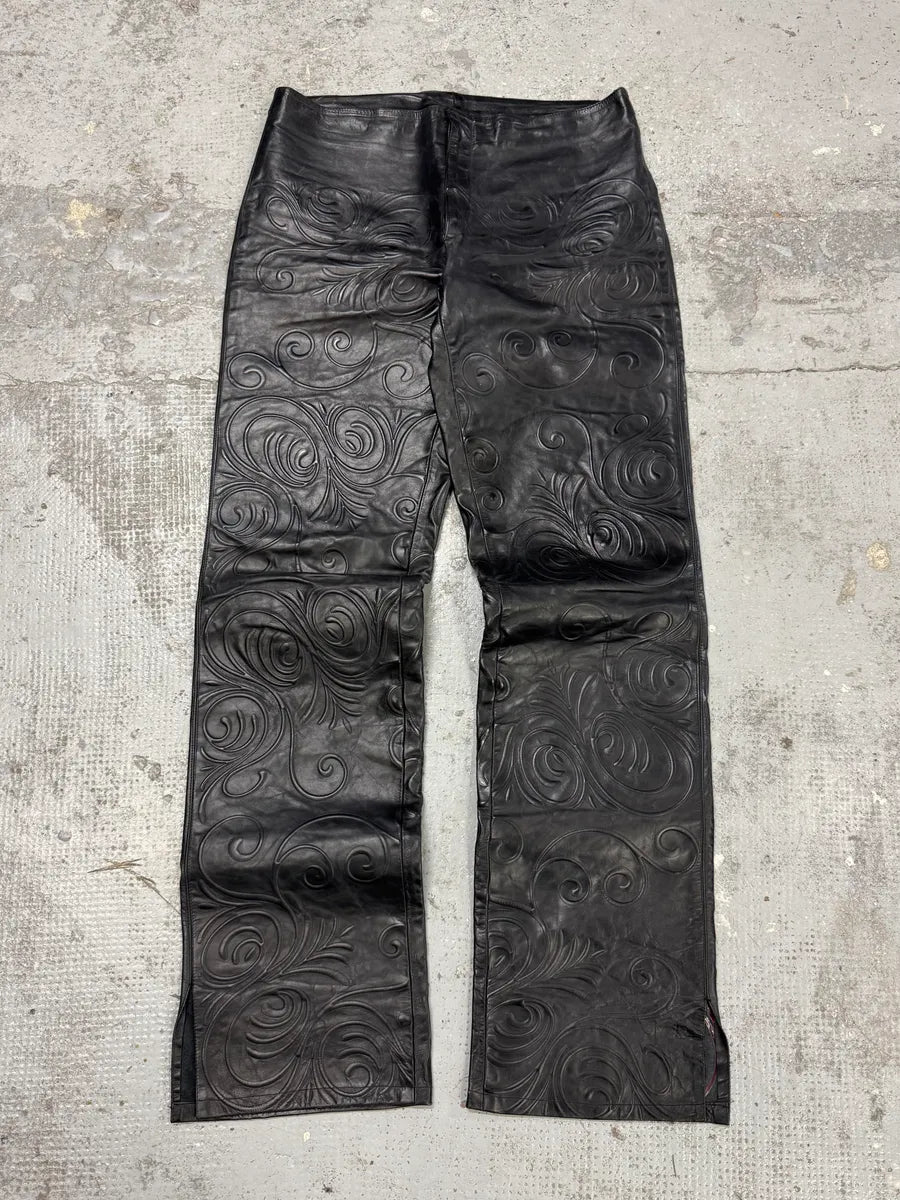 2000s Roberto Cavalli Tribal Floral Black Leather Pants VnWBcXv 0
