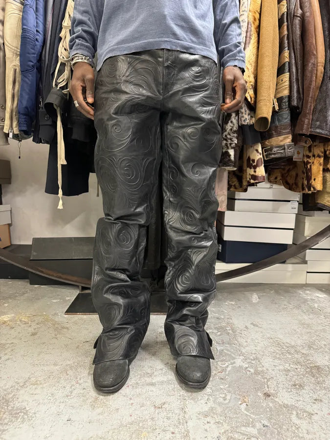2000s Roberto Cavalli Tribal Floral Black Leather Pants VnWBcXv 1