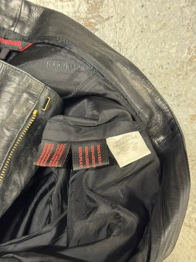 2000s Roberto Cavalli Tribal Floral Black Leather Pants VnWBcXv 10