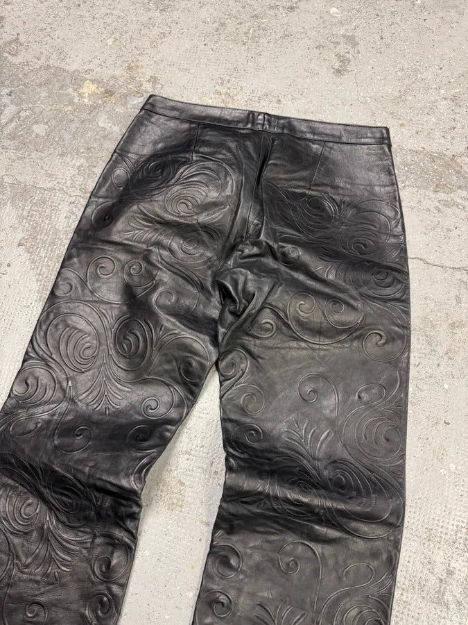 2000s Roberto Cavalli Tribal Floral Black Leather Pants VnWBcXv 12