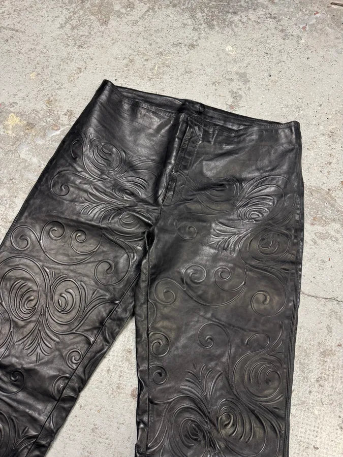 2000s Roberto Cavalli Tribal Floral Black Leather Pants VnWBcXv 2