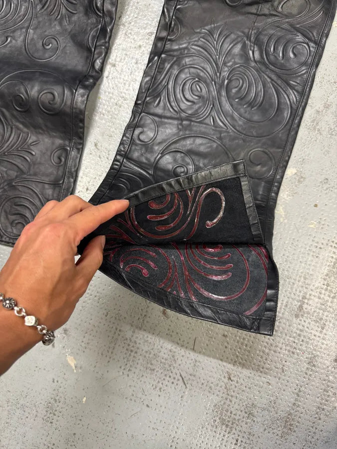 2000s Roberto Cavalli Tribal Floral Black Leather Pants VnWBcXv 4