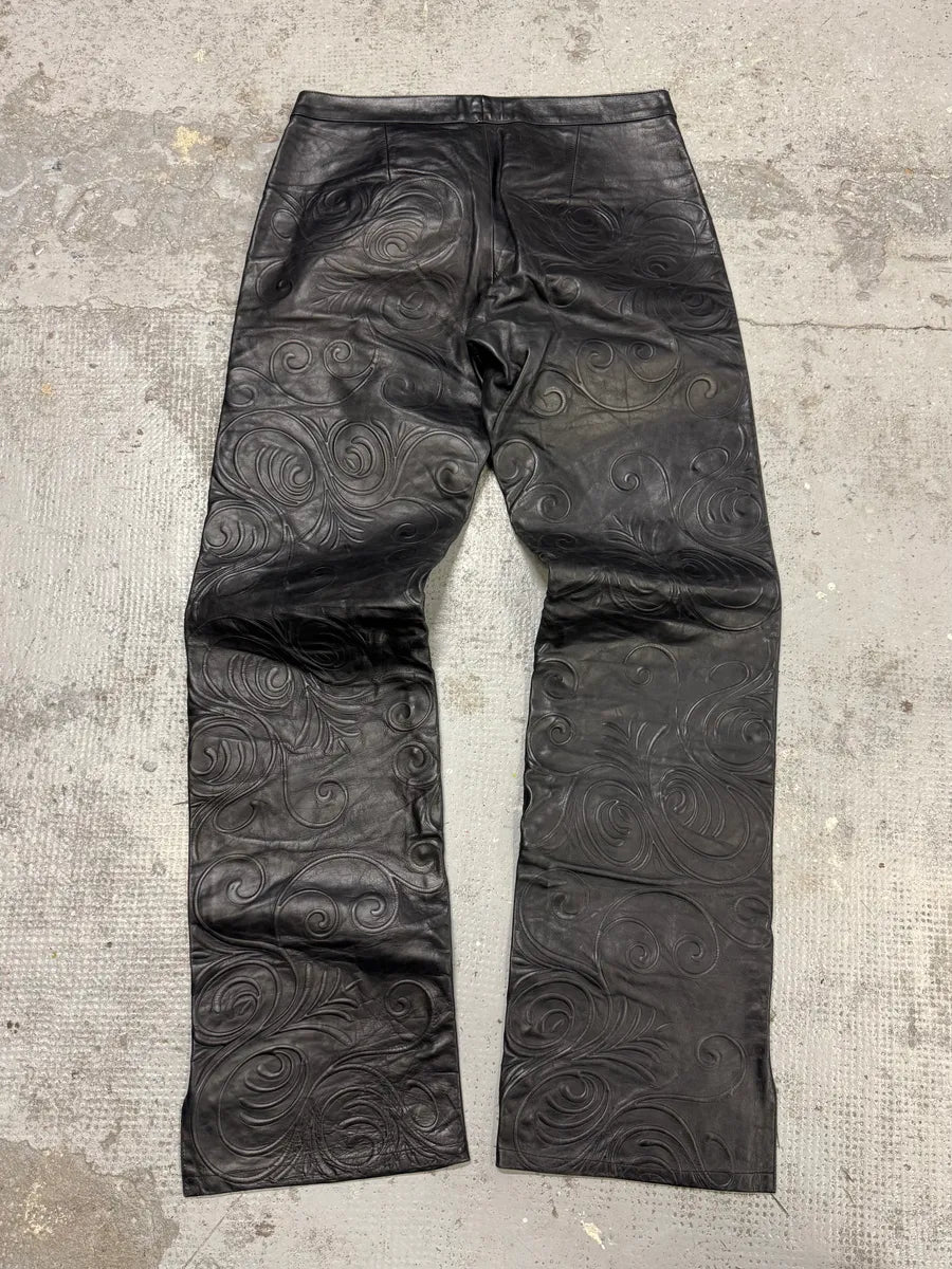 2000s Roberto Cavalli Tribal Floral Black Leather Pants VnWBcXv 5