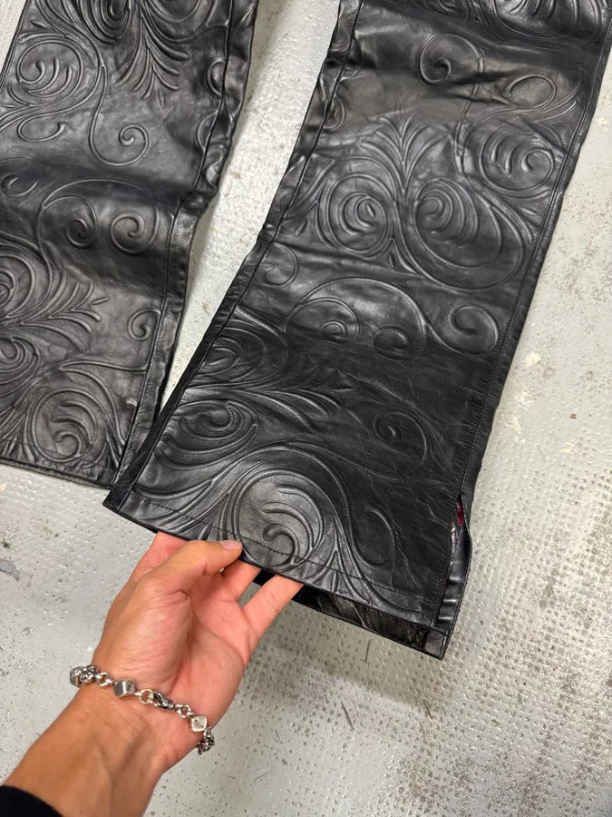 2000s Roberto Cavalli Tribal Floral Black Leather Pants VnWBcXv 6