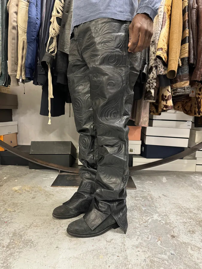 2000s Roberto Cavalli Tribal Floral Black Leather Pants VnWBcXv 7