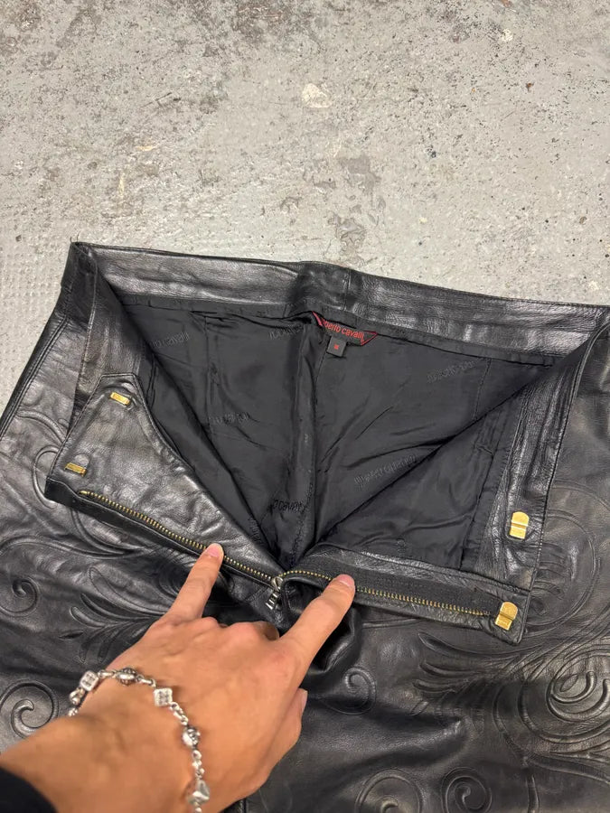 2000s Roberto Cavalli Tribal Floral Black Leather Pants VnWBcXv 8