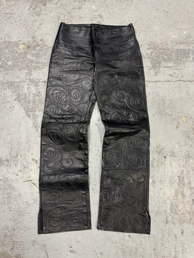2000s Roberto Cavalli Tribal Floral Black Leather Pants VnWBcXv 9