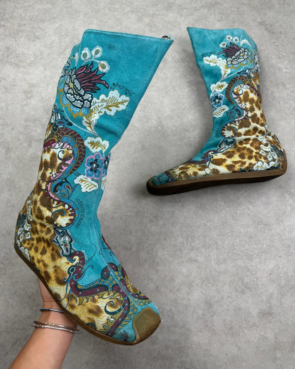 2000s Roberto Cavalli Turquoise Blue Suede Floral Leopard Boots DrbfwrF 0