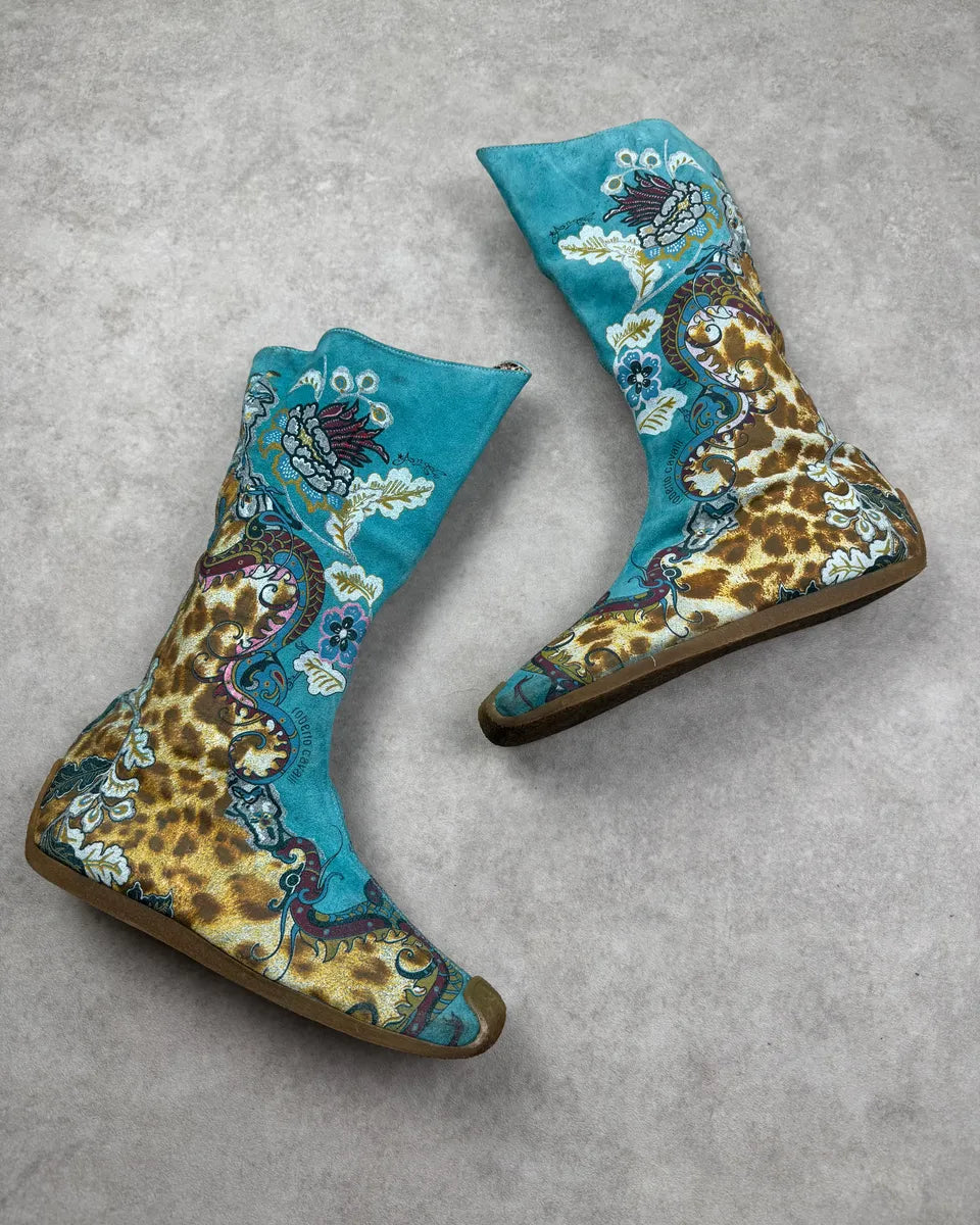 2000s Roberto Cavalli Turquoise Blue Suede Floral Leopard Boots DrbfwrF 1
