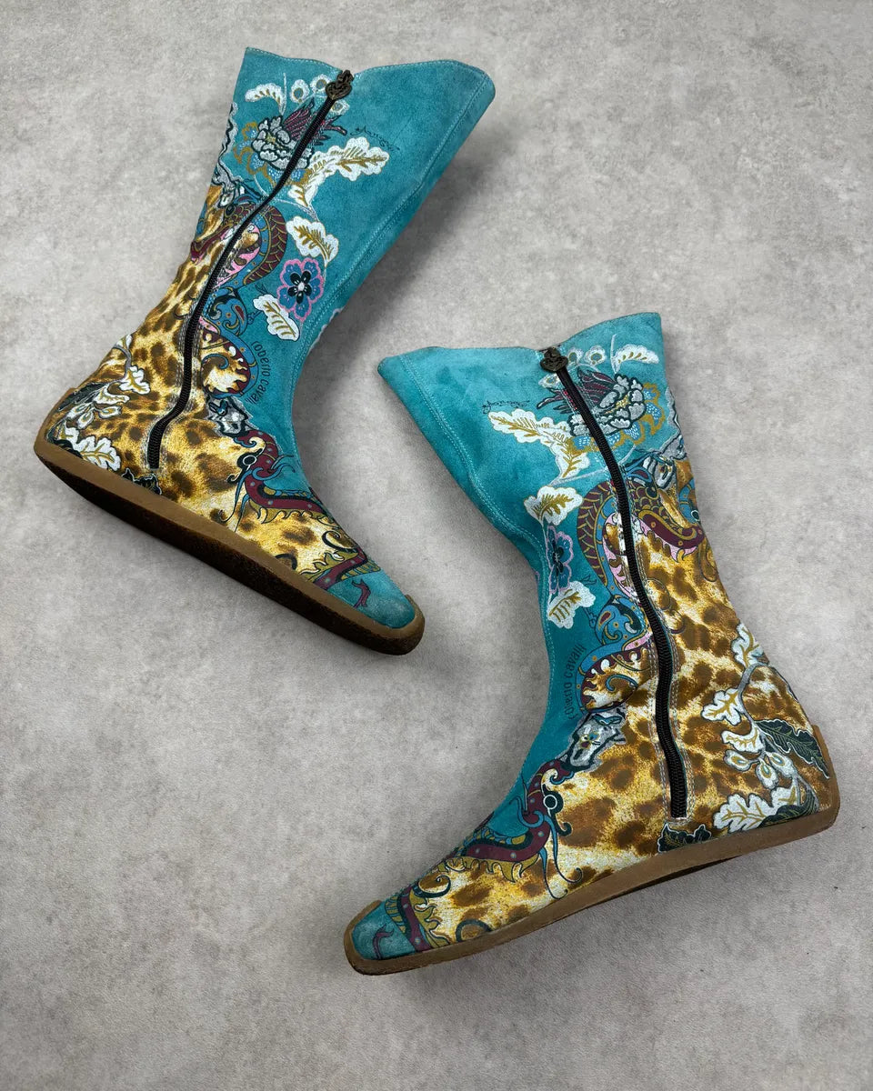 2000s Roberto Cavalli Turquoise Blue Suede Floral Leopard Boots DrbfwrF 2