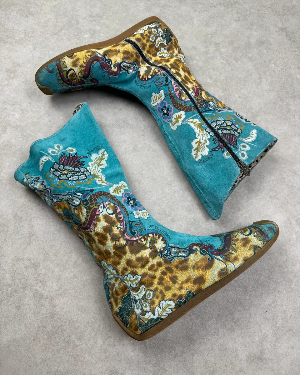 2000s Roberto Cavalli Turquoise Blue Suede Floral Leopard Boots DrbfwrF 3