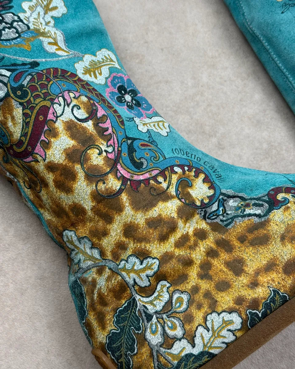 2000s Roberto Cavalli Turquoise Blue Suede Floral Leopard Boots DrbfwrF 4