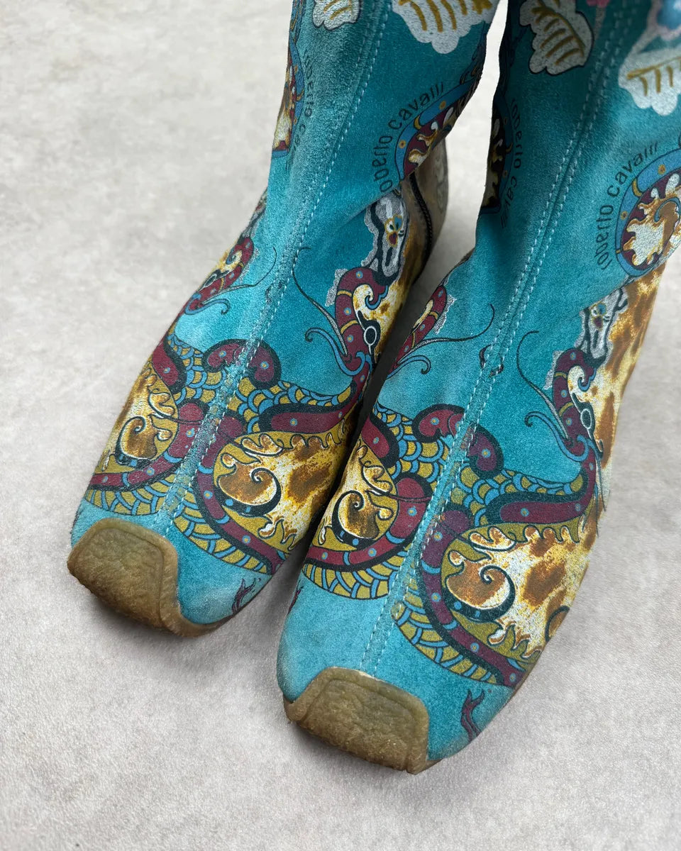2000s Roberto Cavalli Turquoise Blue Suede Floral Leopard Boots DrbfwrF 5