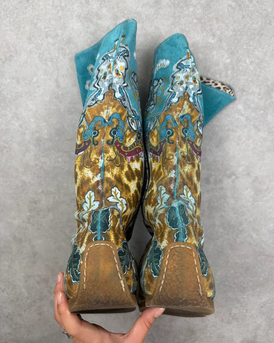2000s Roberto Cavalli Turquoise Blue Suede Floral Leopard Boots DrbfwrF 7
