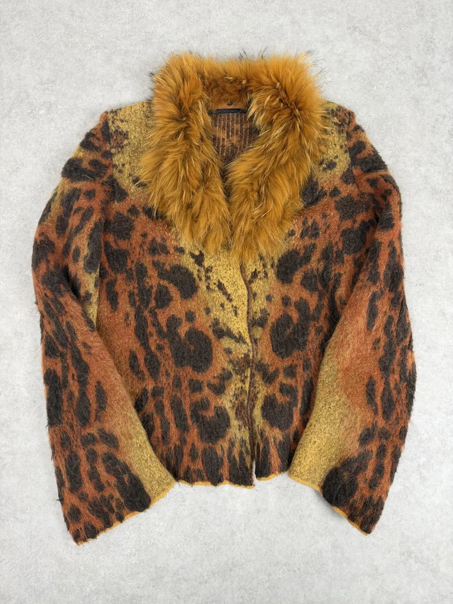 2000s Roberto Cavalli Vulcano Leopard Fur Wool & Mohair Collar Cardigan Jacket WldVaJB 0