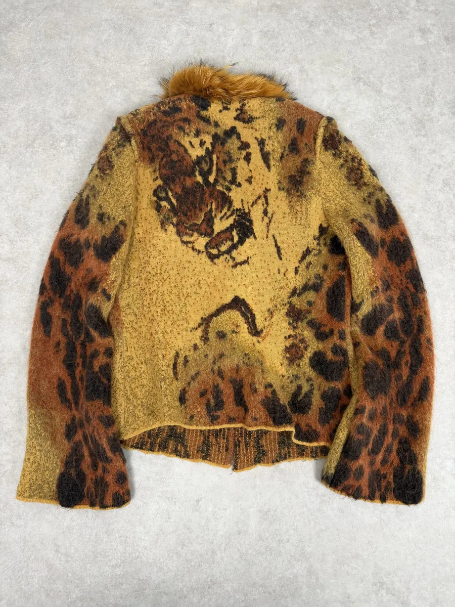 2000s Roberto Cavalli Vulcano Leopard Fur Wool & Mohair Collar Cardigan Jacket WldVaJB 1