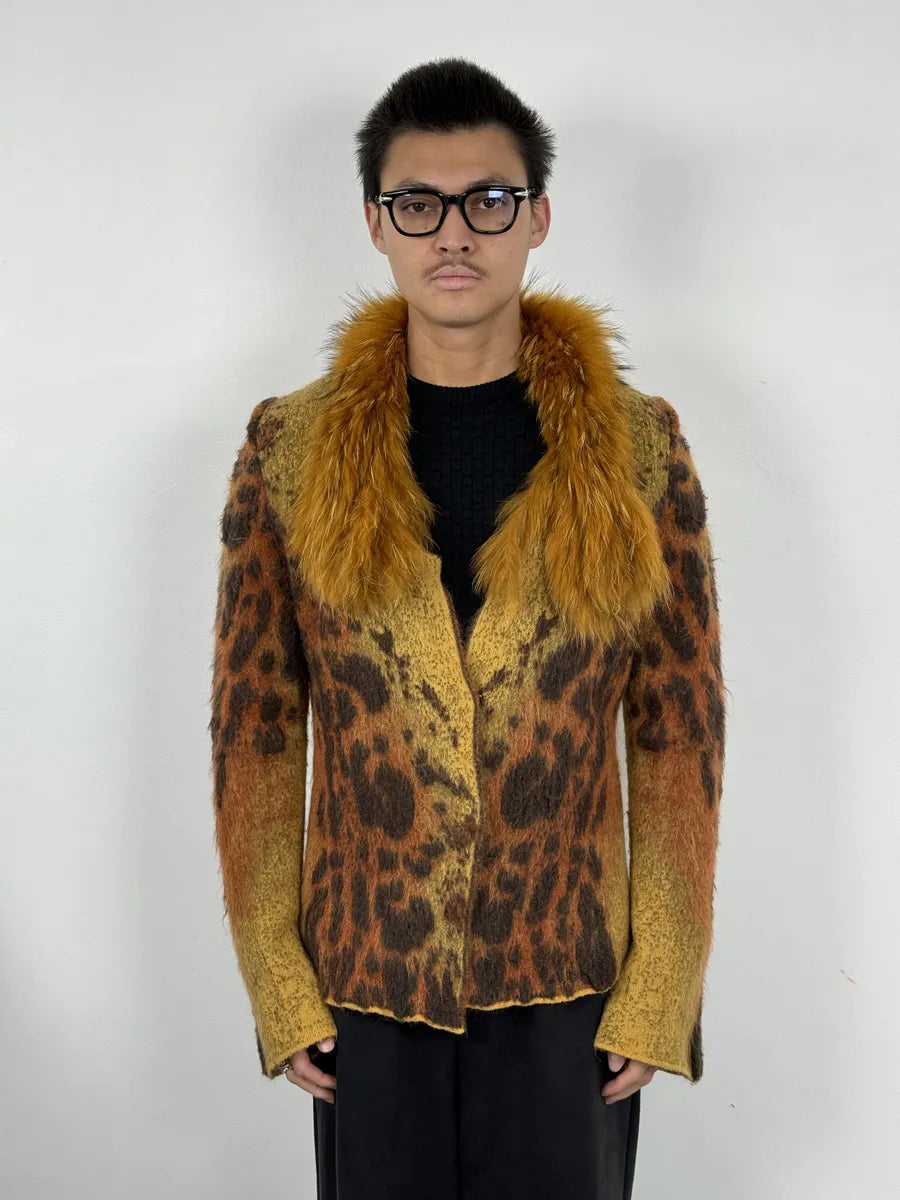 2000s Roberto Cavalli Vulcano Leopard Fur Wool & Mohair Collar Cardigan Jacket WldVaJB 2