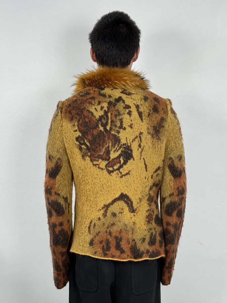 2000s Roberto Cavalli Vulcano Leopard Fur Wool & Mohair Collar Cardigan Jacket WldVaJB 3