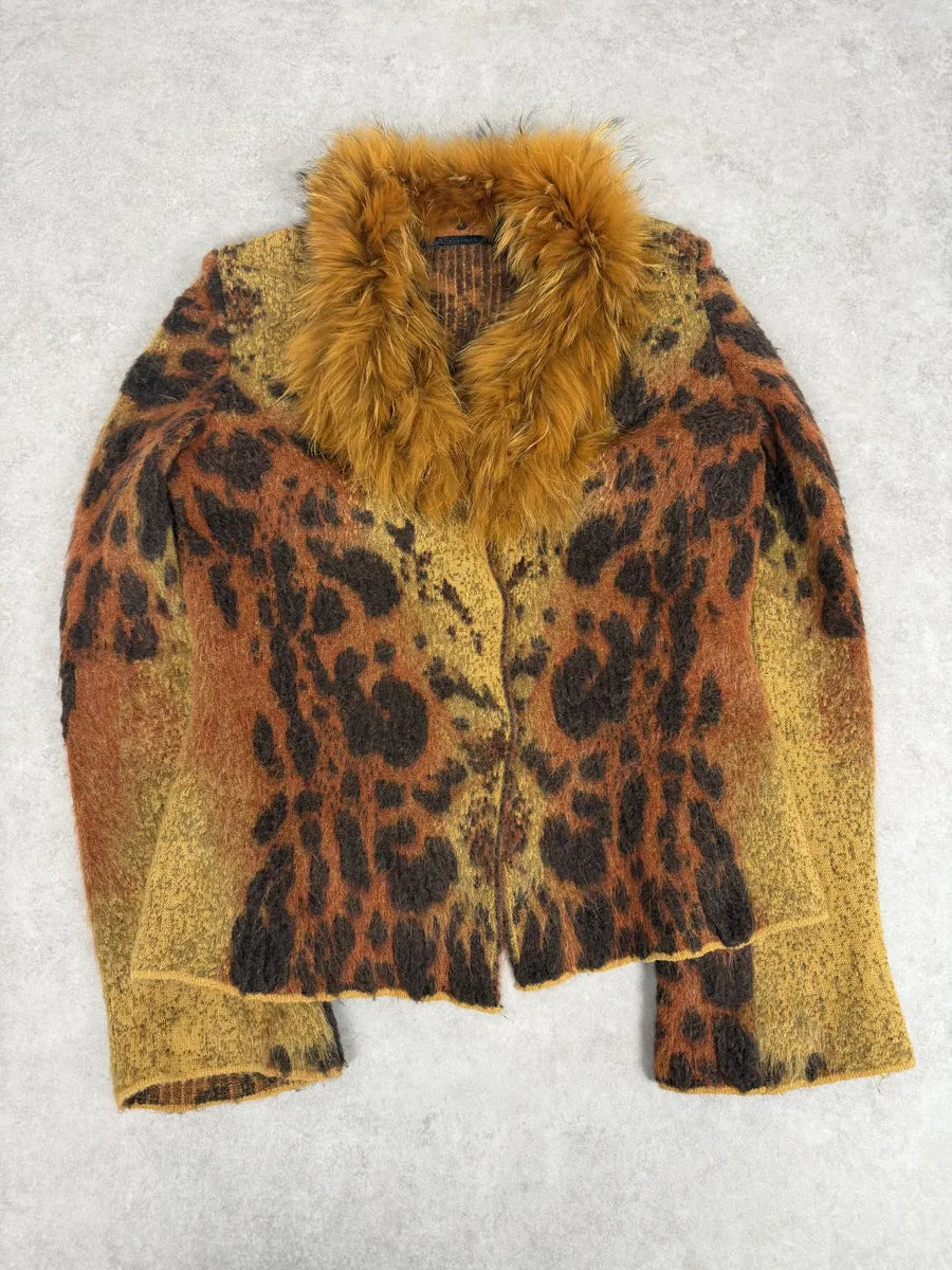 2000s Roberto Cavalli Vulcano Leopard Fur Wool & Mohair Collar Cardigan Jacket WldVaJB 4