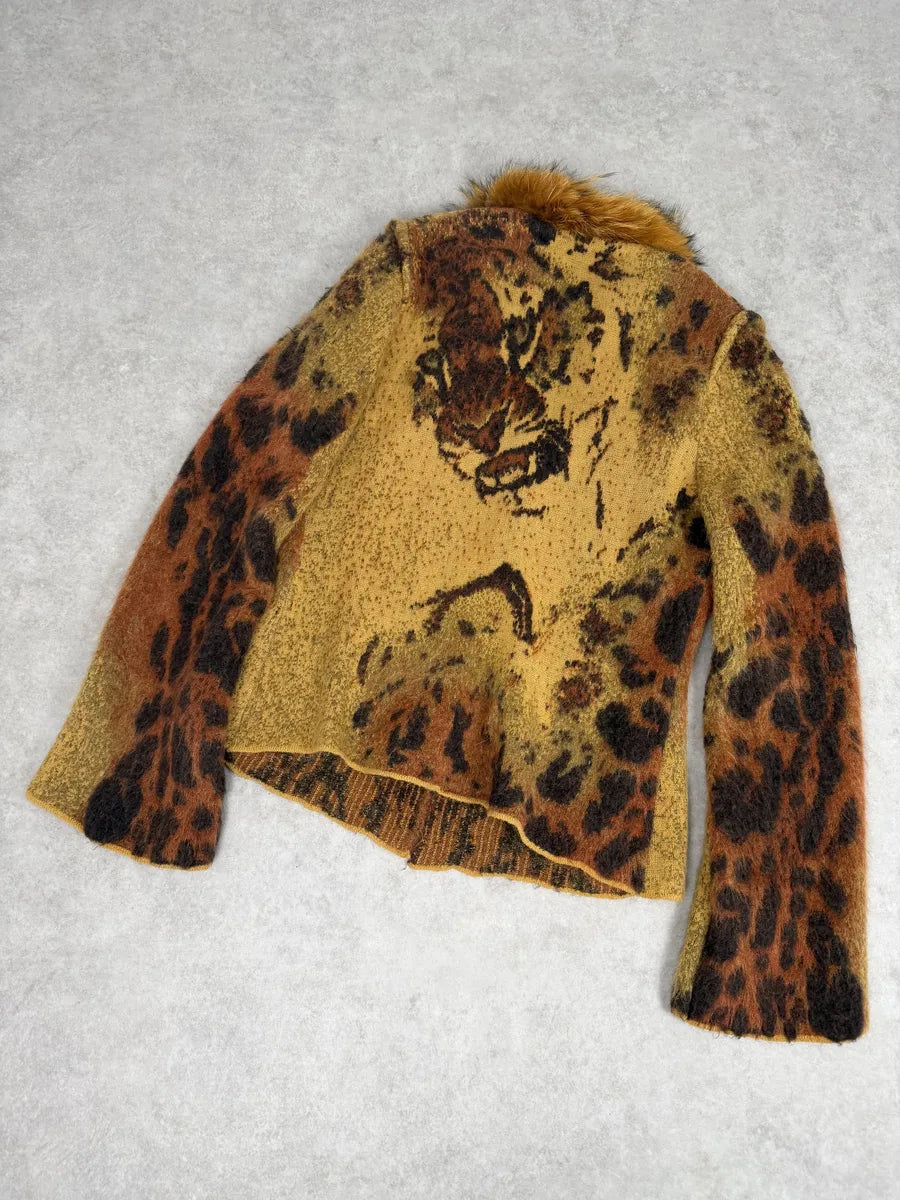 2000s Roberto Cavalli Vulcano Leopard Fur Wool & Mohair Collar Cardigan Jacket WldVaJB 6