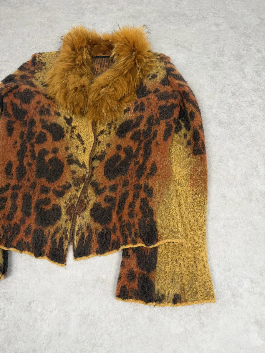 2000s Roberto Cavalli Vulcano Leopard Fur Wool & Mohair Collar Cardigan Jacket WldVaJB 9