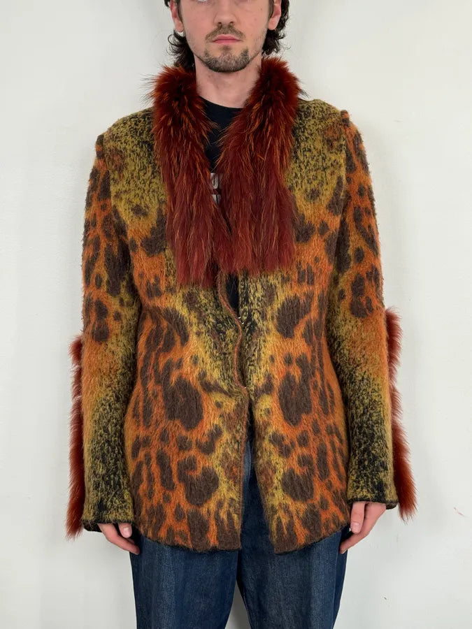 2000s Roberto Cavalli Vulcano Orange Leopard Fur Collar Mohair 2000s Roberto Cavalli Vulcano Orange Leopard Fur Collar Mohair