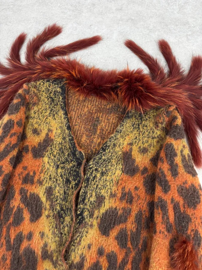 2000s Roberto Cavalli Vulcano Orange Leopard Fur Collar Mohair & Wool Cardigan Jacket lXZbpke 5