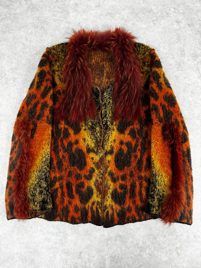 2000s Roberto Cavalli Vulcano Orange Leopard Fur Collar Mohair & Wool Cardigan Jacket lXZbpke 0
