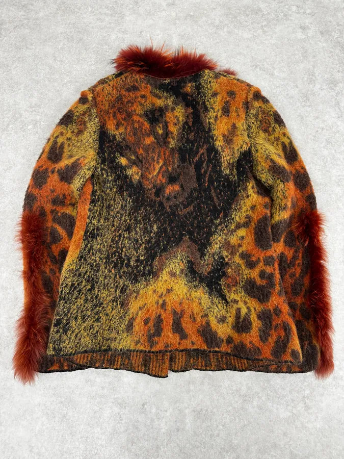 2000s Roberto Cavalli Vulcano Orange Leopard Fur Collar Mohair & Wool Cardigan Jacket lXZbpke 4