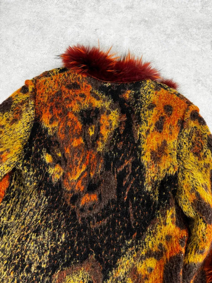 2000s Roberto Cavalli Vulcano Orange Leopard Fur Collar Mohair & Wool Cardigan Jacket lXZbpke 7