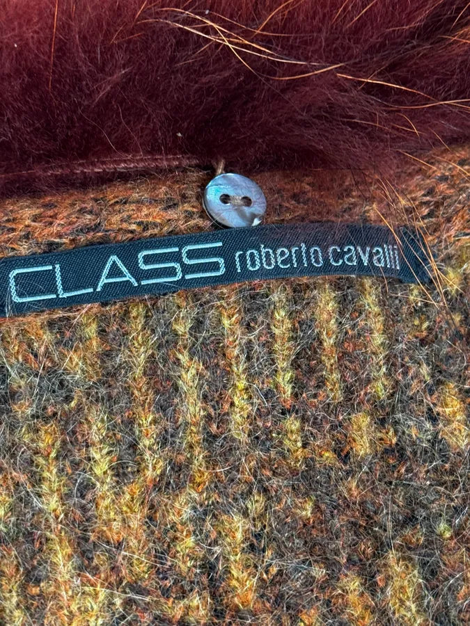 2000s Roberto Cavalli Vulcano Orange Leopard Fur Collar Mohair & Wool Cardigan Jacket lXZbpke 13