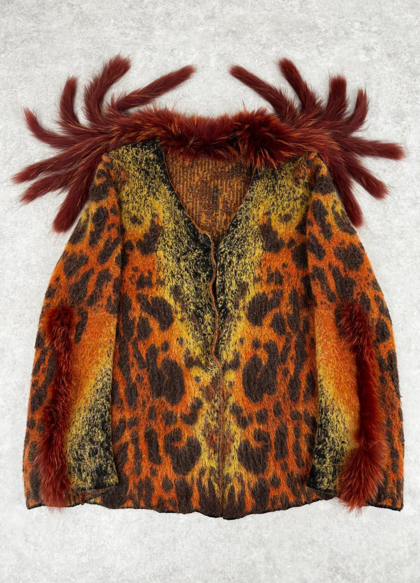 2000s Roberto Cavalli Vulcano Orange Leopard Fur Collar Mohair & Wool Cardigan Jacket lXZbpke 1