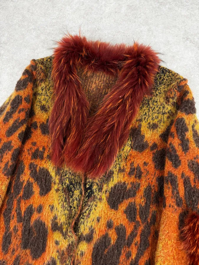 2000s Roberto Cavalli Vulcano Orange Leopard Fur Collar Mohair & Wool Cardigan Jacket lXZbpke 6
