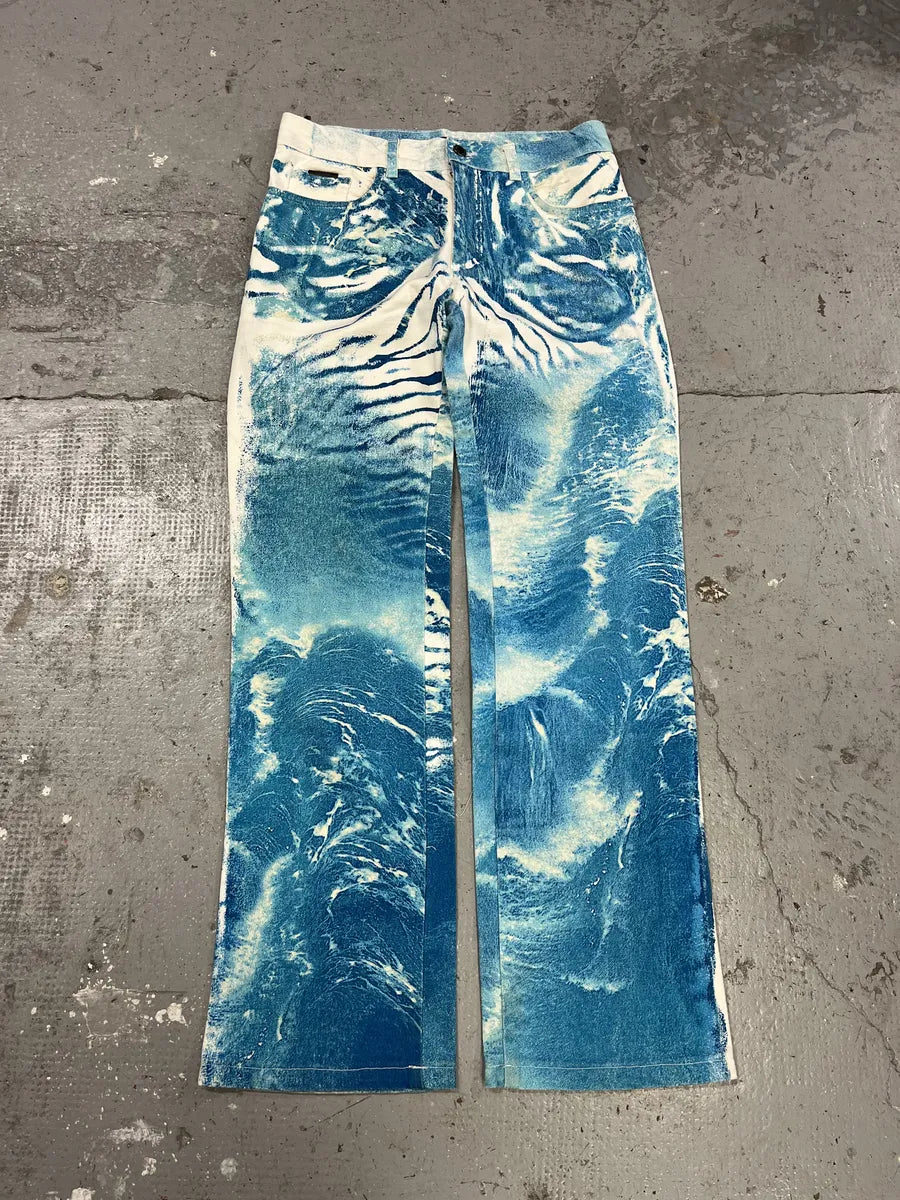 2000s Roberto Cavalli Wave Blue Aqua Tide Pants LeStdnG 0
