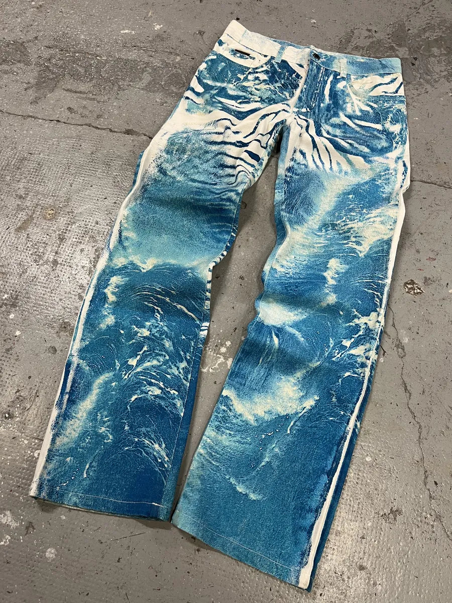 2000s Roberto Cavalli Wave Blue Aqua Tide Pants LeStdnG 6